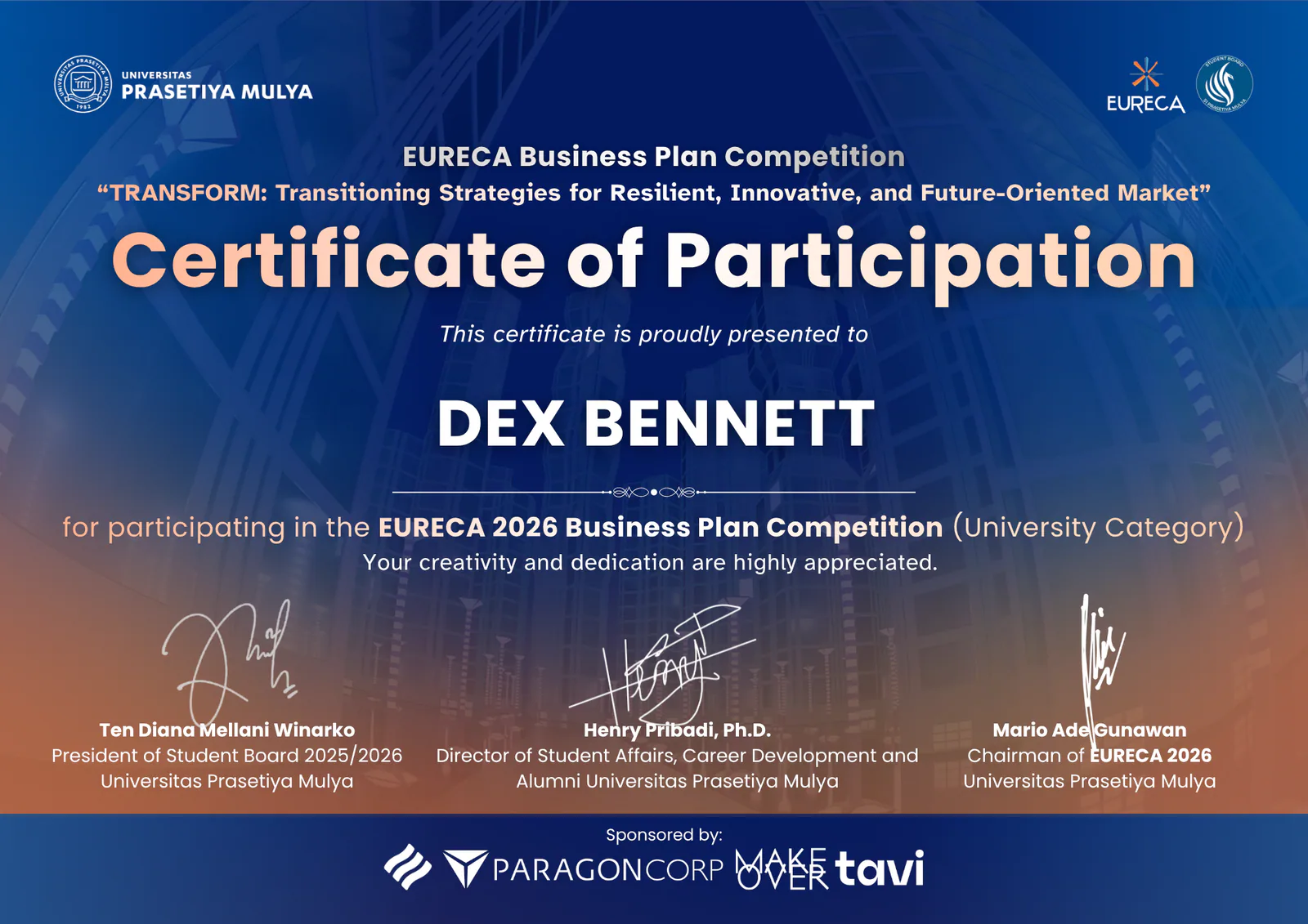 Certificate: EURECA 2026 — participant
