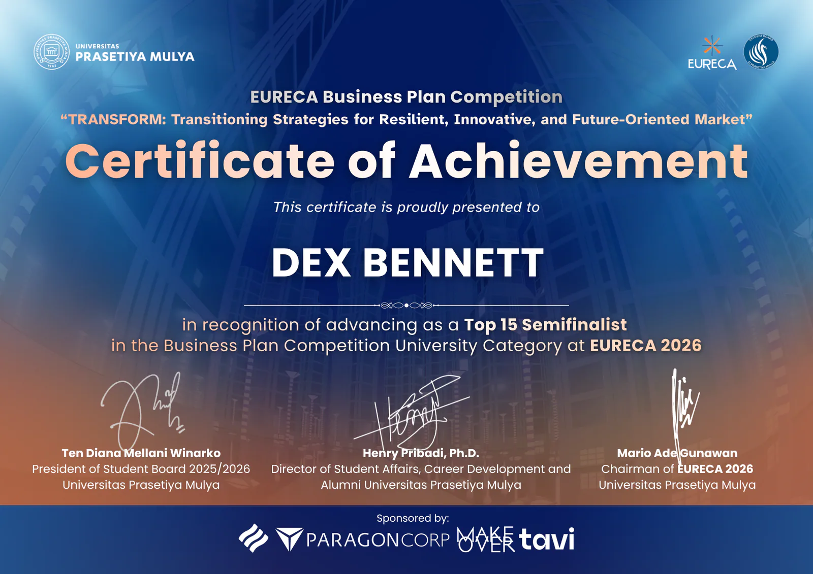 Certificate: EURECA 2026 — Top 15 semifinalist