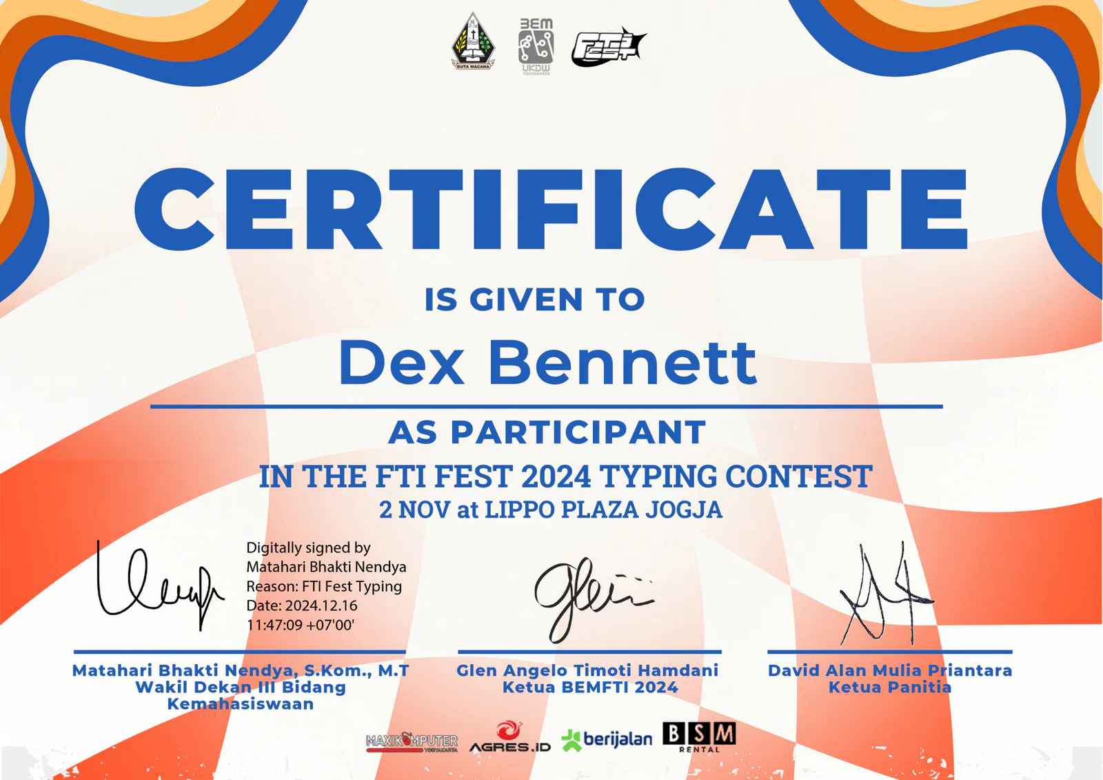 Certificate: FTI Fest Typing Contest