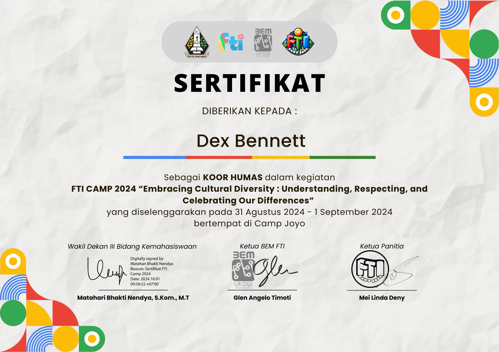 Certificate: PR coordinator — FTI Camp